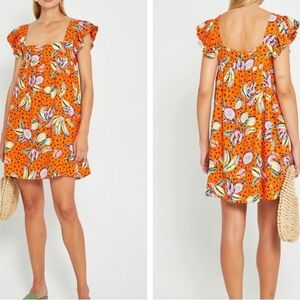 Kourt Orange Fruit Print Babydoll Linen Blend Dress Size Small